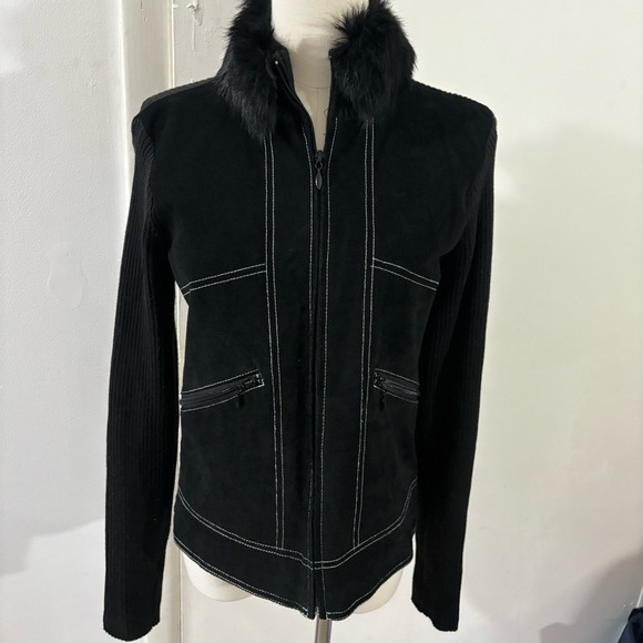 Escapade Suede Zip Jacket Sweater Contrast Stitch Rabbit Fur Collar Black Sz S - Picture 1 of 11